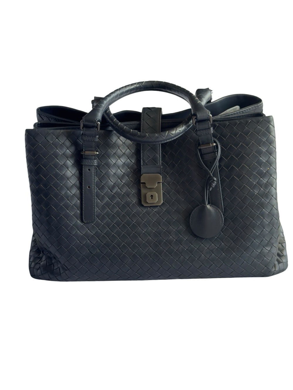 Bottega Veneta Medium Roma Tote Navy Blue Intrecciato Leather Bag